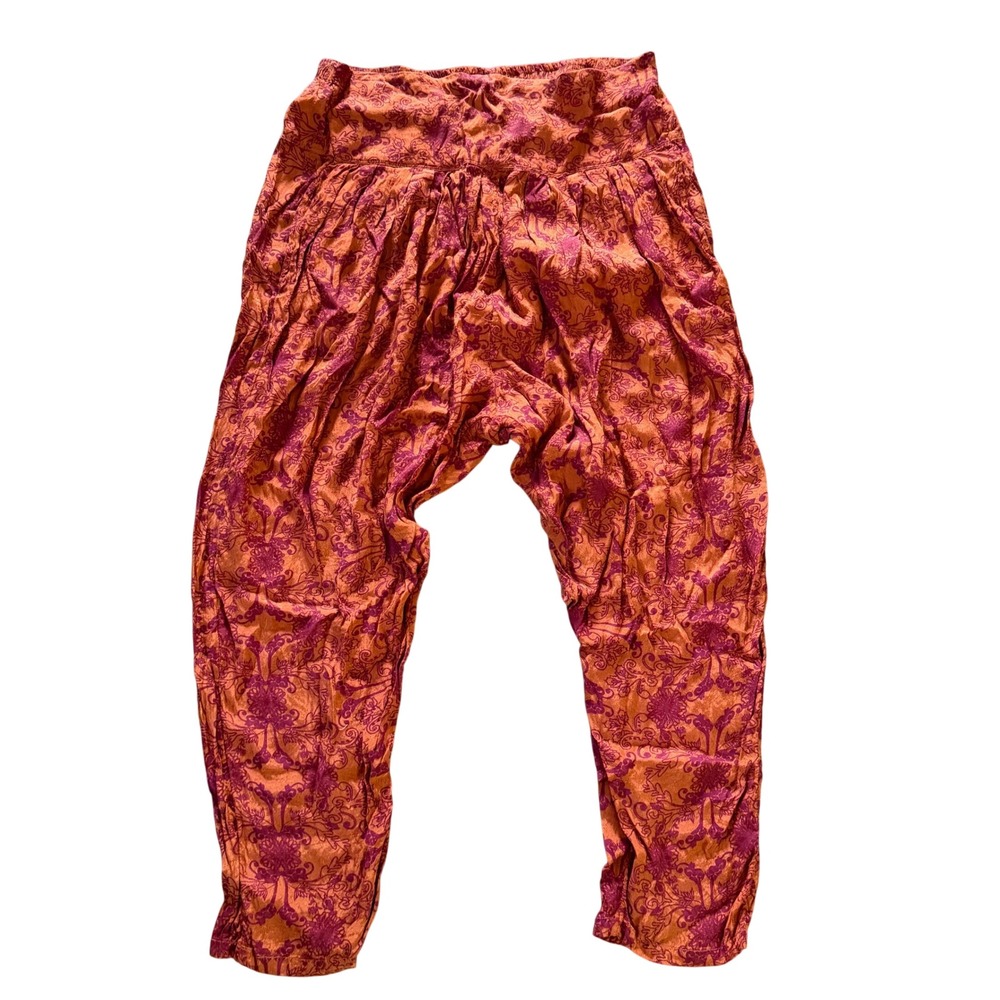 Boho Harem Pants Womens Orange Pink Floral Paisley Print Medium Elastic Waist